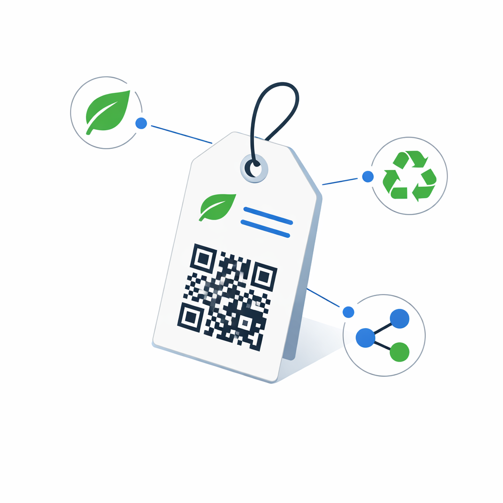 Digitaler Produktpass mit QR-Code und Nachhaltigkeits-Icons